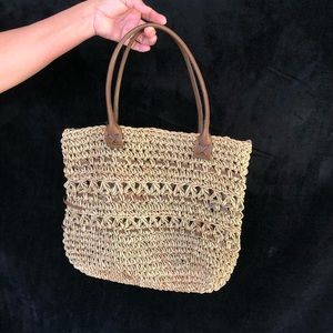 Straw Tote Bag beige & brown zip
